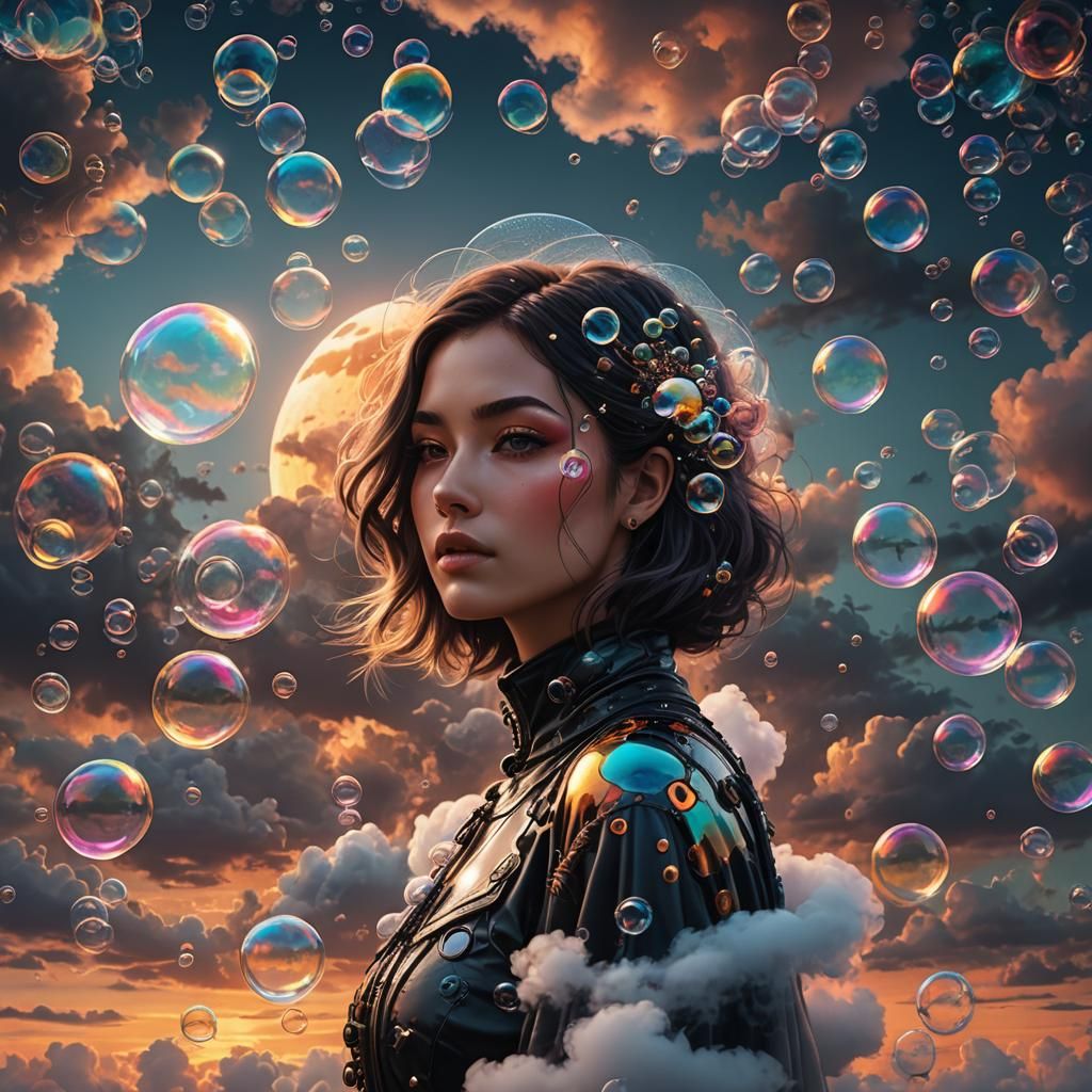 Biopunk Bubbles Floating Above Clouds at Sunset