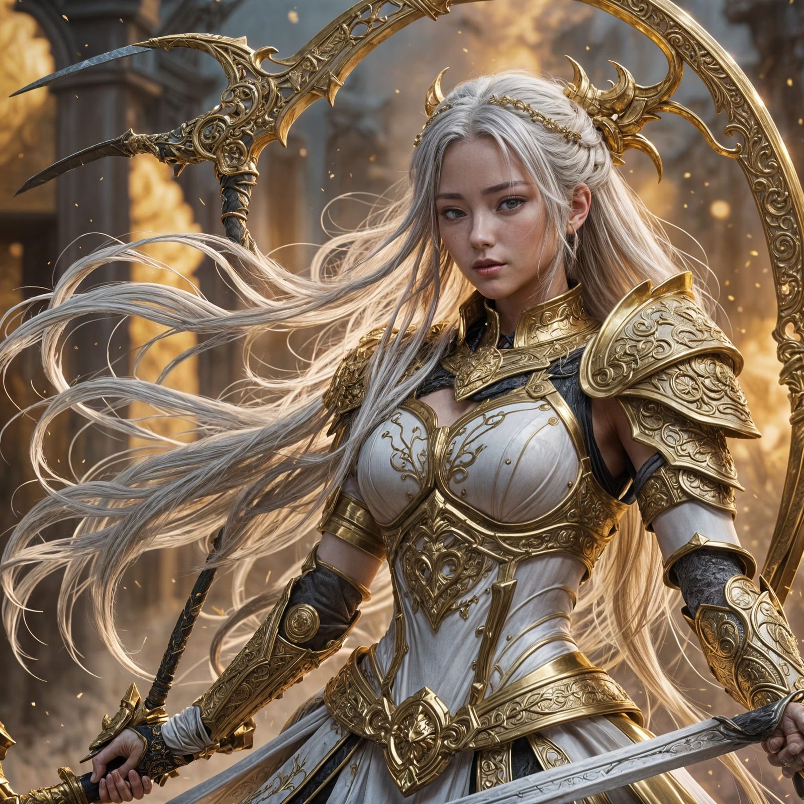 Golden Armored Warrior with Scythe in 3D Anime Style