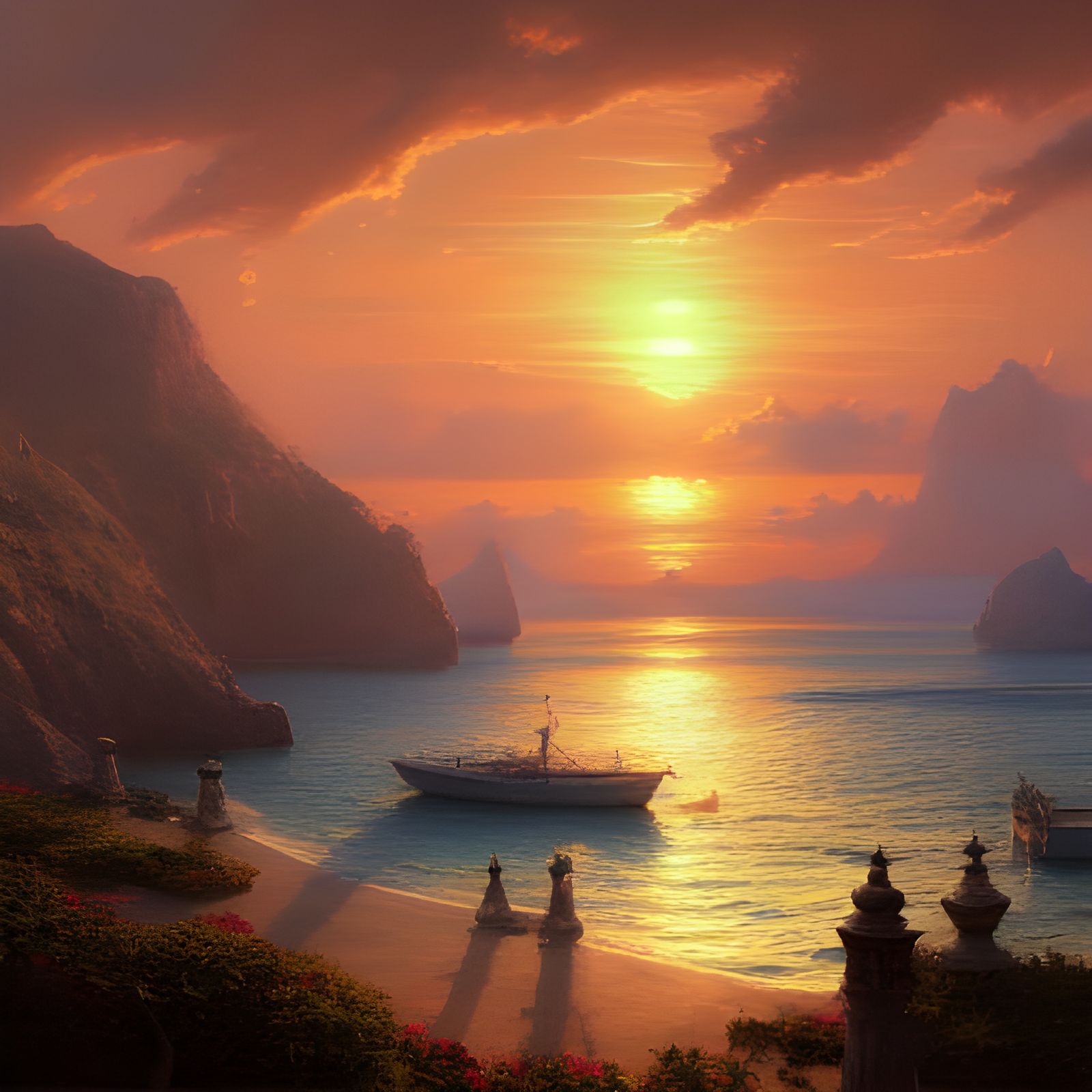 Mediterranean Sunset with Mansion: Digital Art