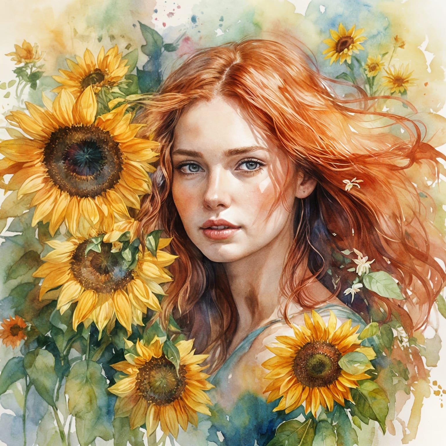 Watercolor Flower Child with Sunflowers