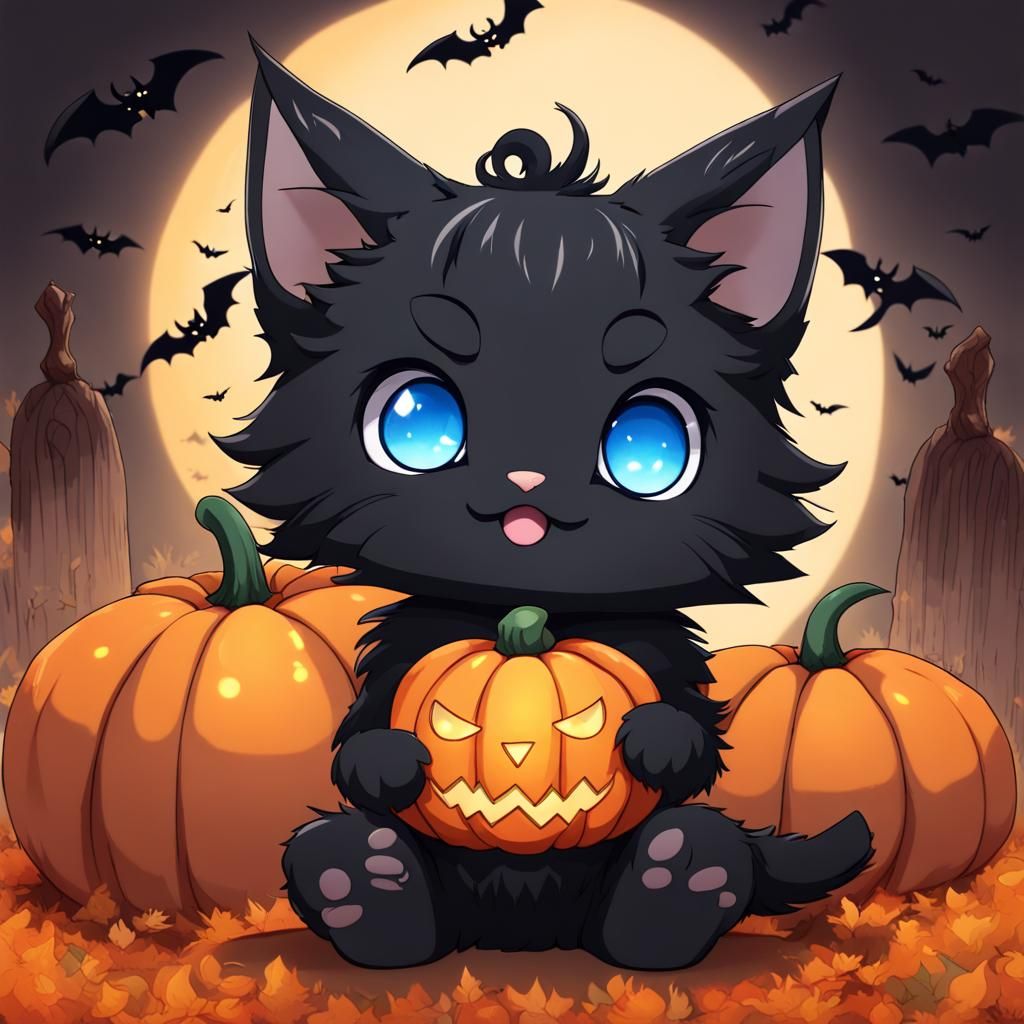 Halloween Kitten with Horns in Anime Style