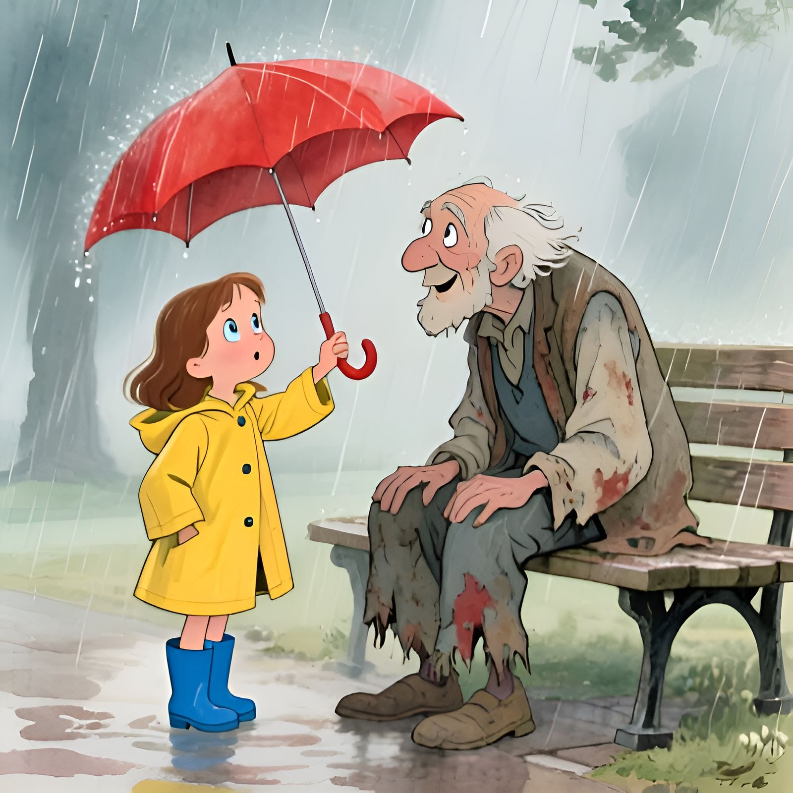 Kindness in the Rain: Girl Shares Umbrella with Old Man