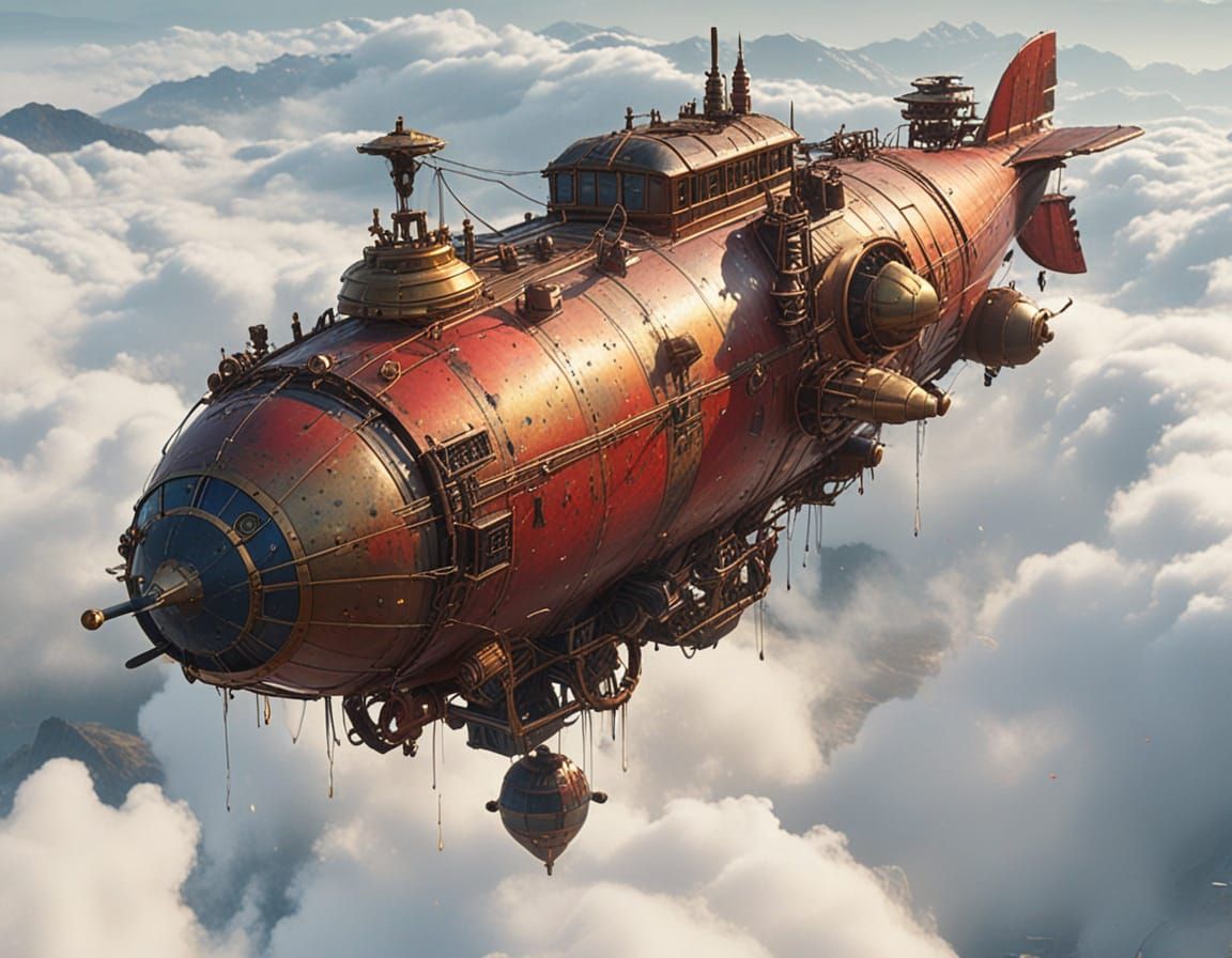 Steampunk Airship Soaring Through Clouds in Painterly Style