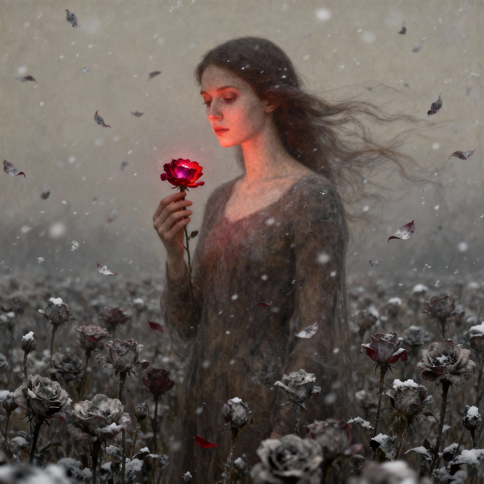 Ethereal Woman Holding Glowing Red Bloom Amidst Ash Flowers