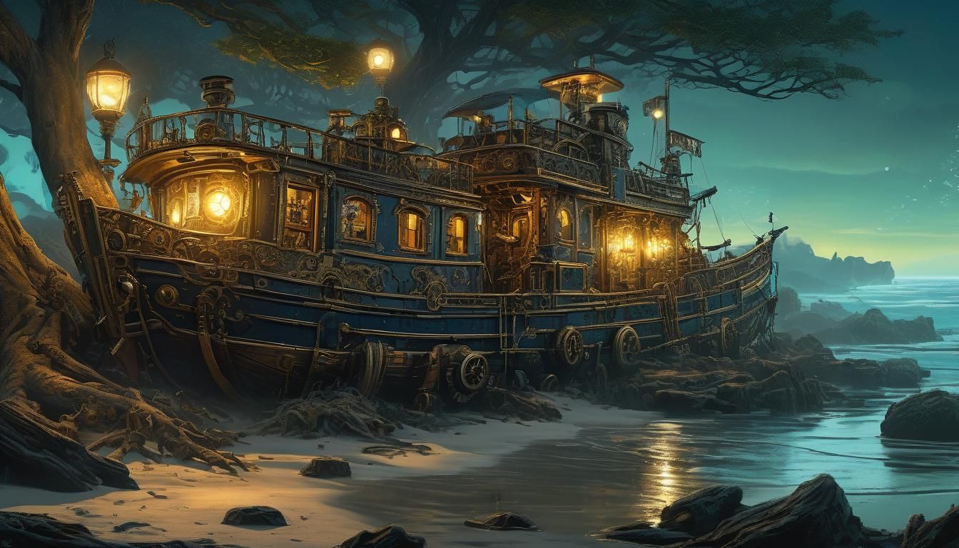 Steampunk Pirate Buries Treasure on Moonlit Beach