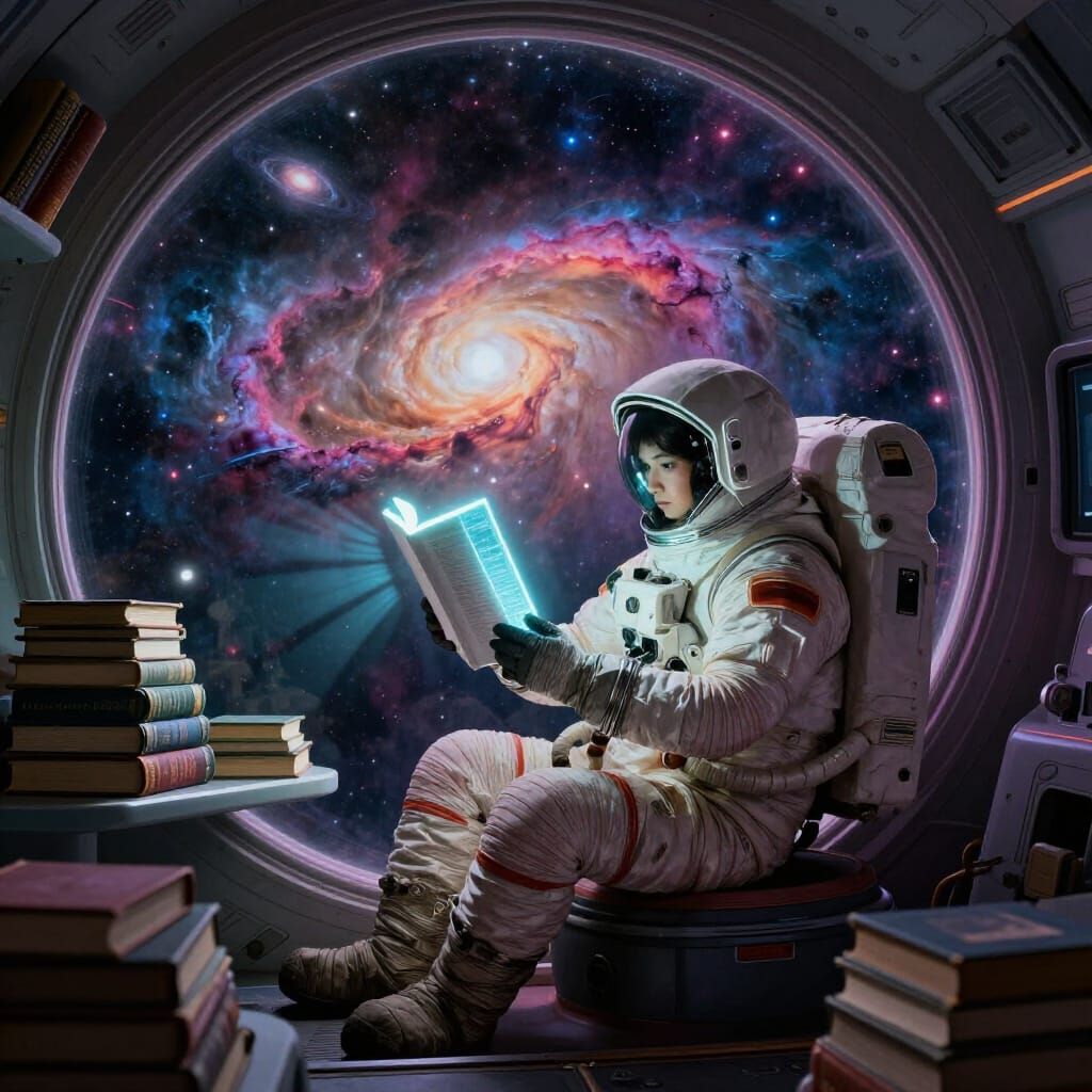 Astronaut Reading in Nebula Orbiting Pod