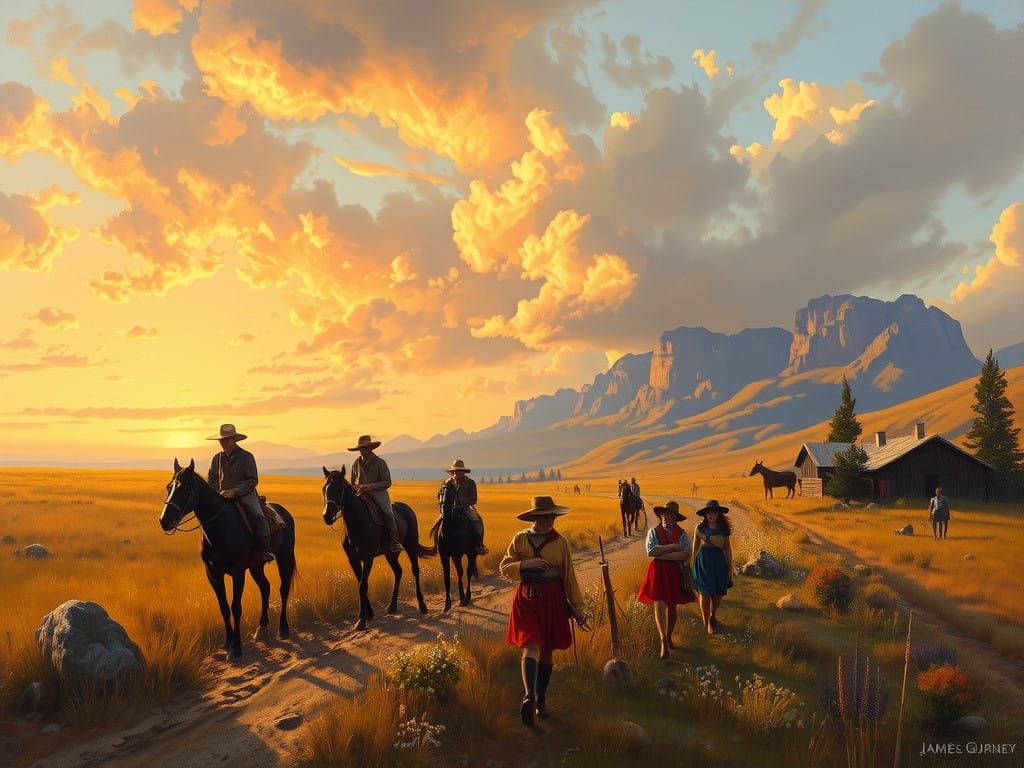 Pioneers Crossing the American Frontier in a Nostalgic Oil P...