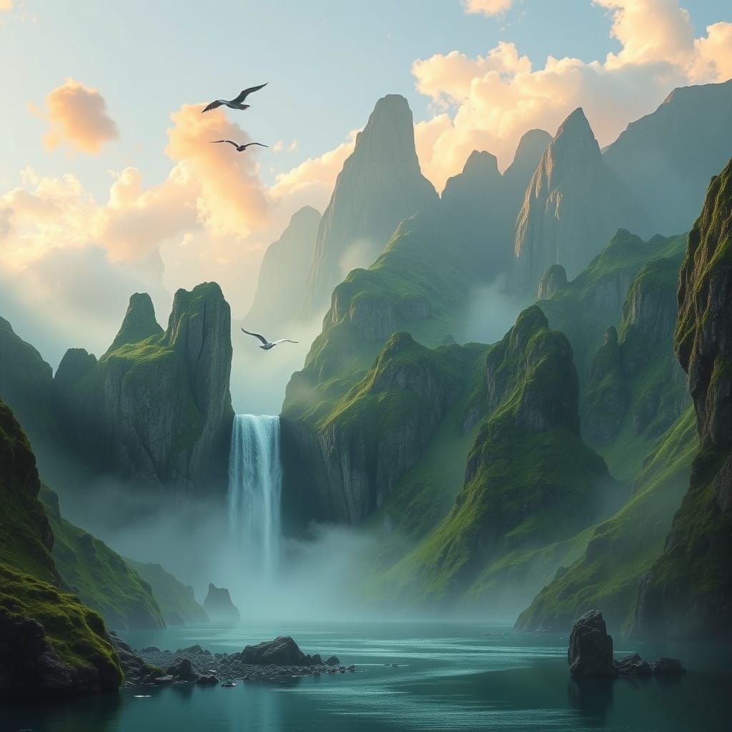 Surreal Emerald Mountains in Misty Veil Landscape