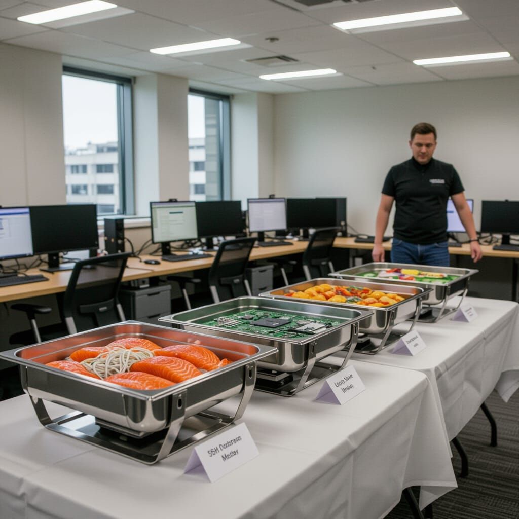 Hyper-Realistic MSP Office Buffet with Tech Food