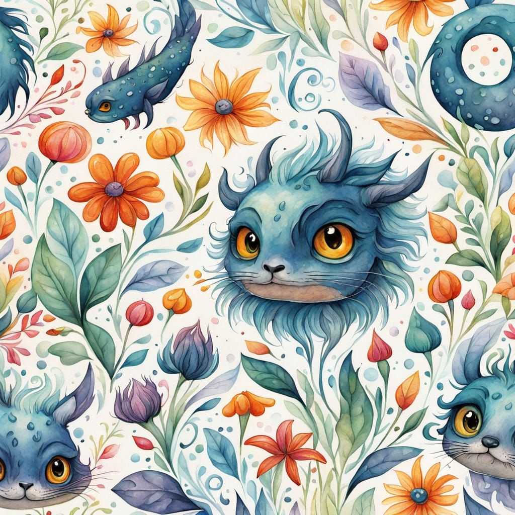 Cartoon Stitchies Play in a Whimsical Watercolor Meadow