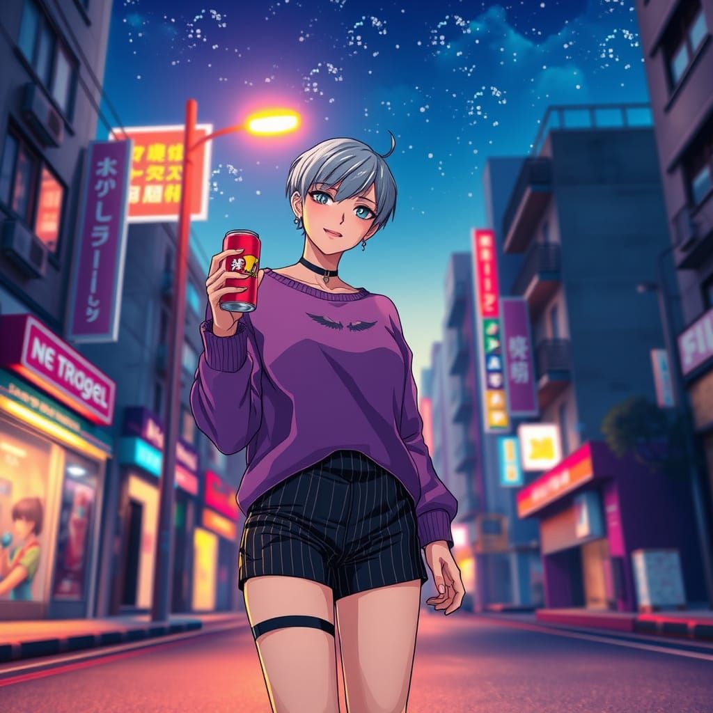 Emo Girl Under Neon Night Sky in Anime Style