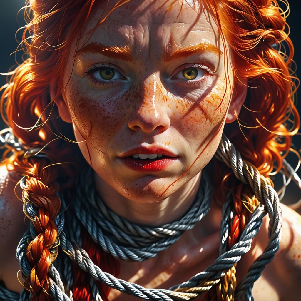 Hyper-Realistic Portrait of a Hogtied Ginger Woman
