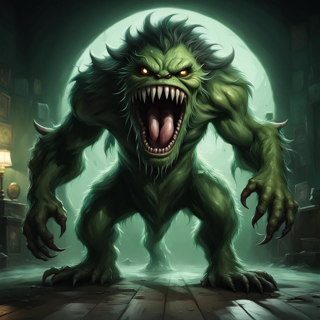 Realistic Monster with Glowing Green Eyes