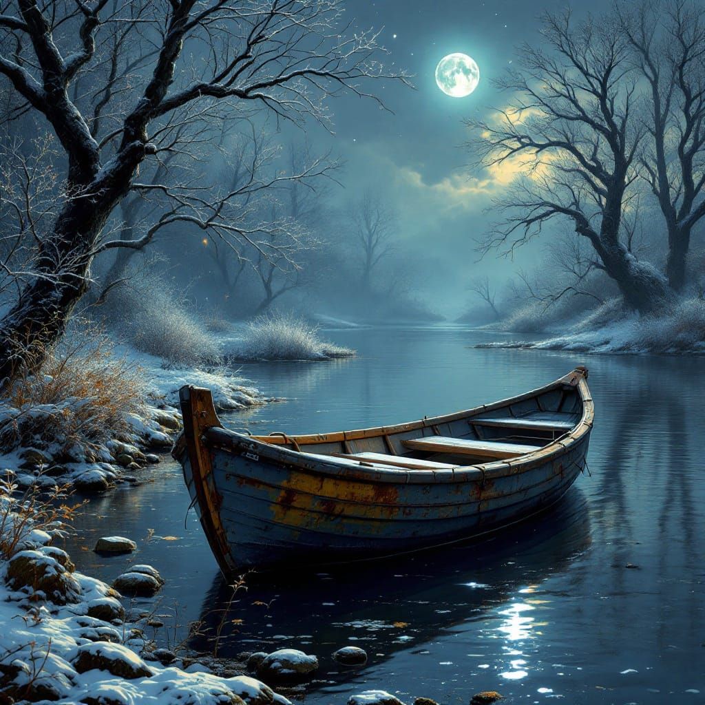 Mysterious Winter Night Scene with Rusted Boat and Snowy Sho...