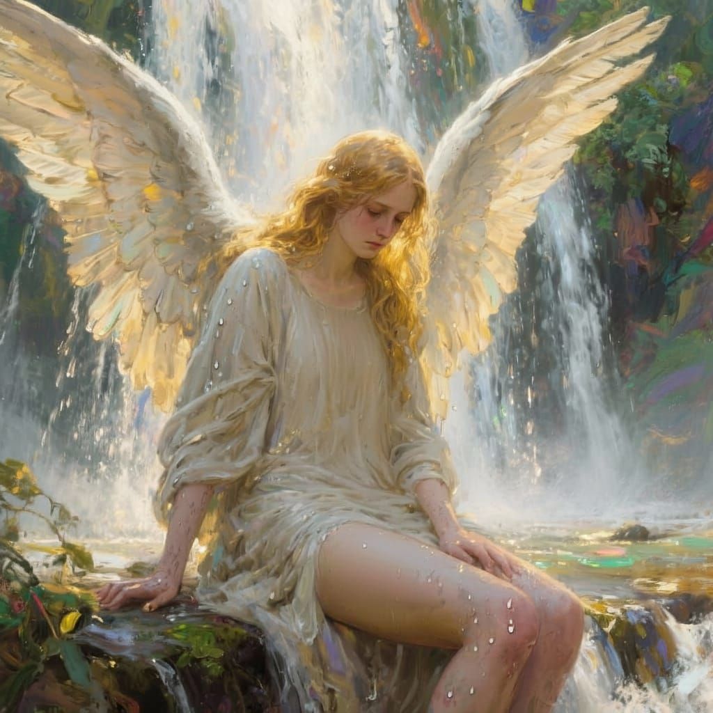 Angel Beneath Waterfall in Luminous Impressionistic Style