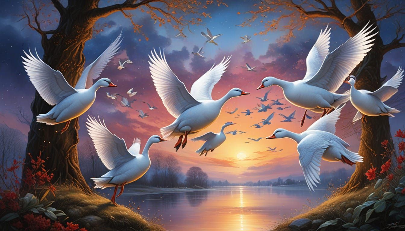 Six Geese Soar in V Formation Over Evening Sky