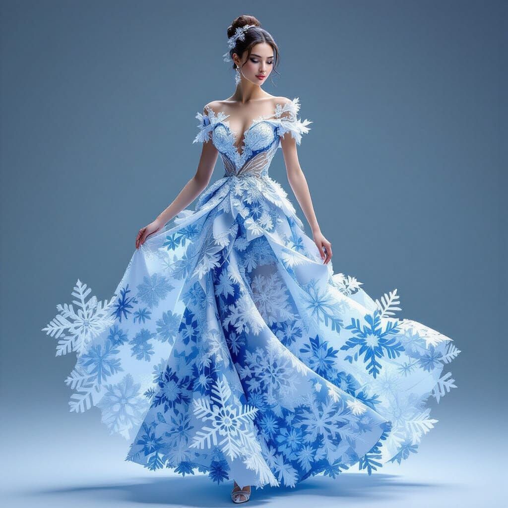 Woman in Fractal Snowflake Dress with Ethereal Glow