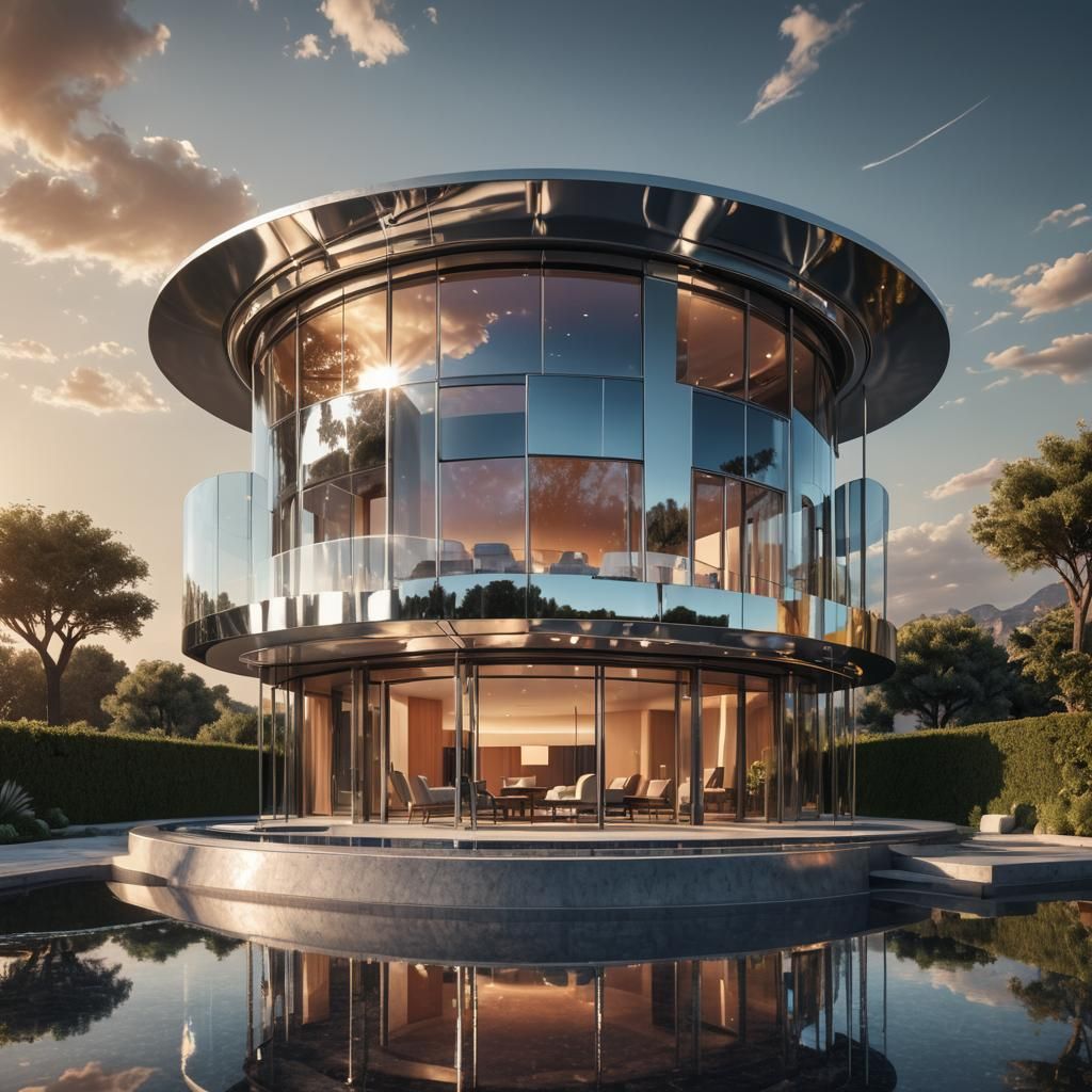 Futuristic Silver Villa Reflecting a Warm Sunset