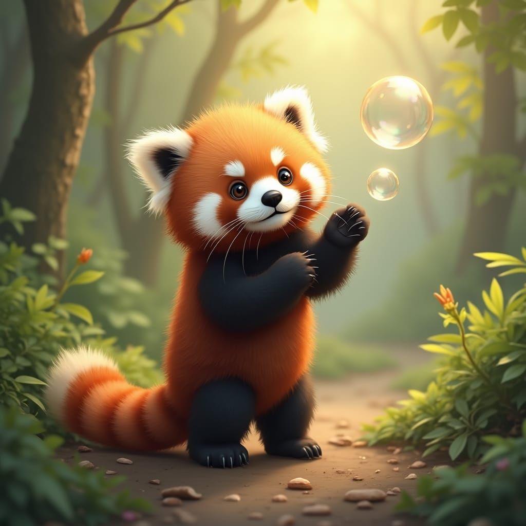 Red Panda Cub and Floating Bubbles in Digital Art