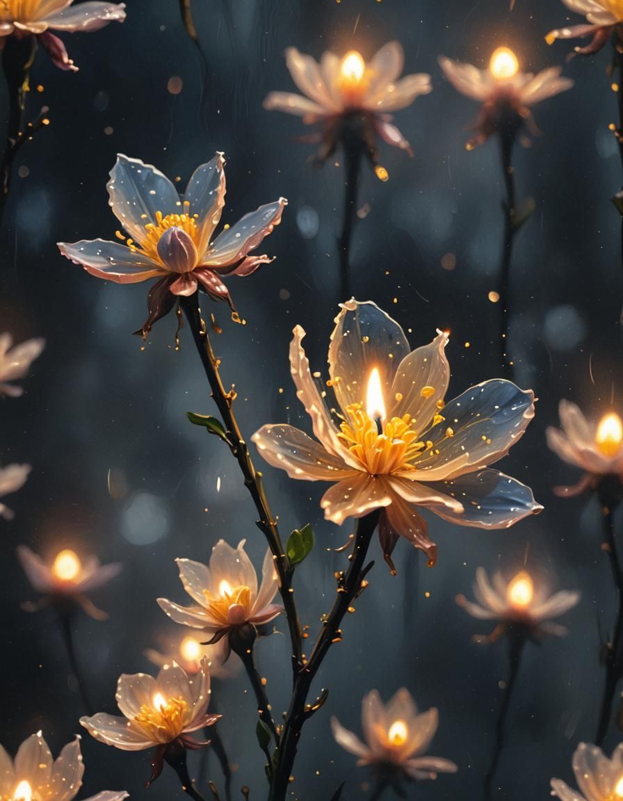 Glowing Candle Flower in Dark, Oil Painting Style