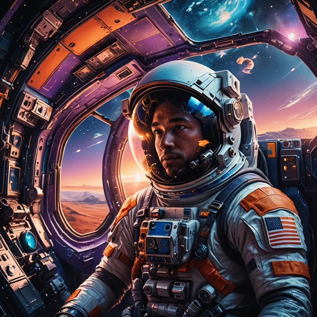 Astronaut Gazing at Earth Sunset in Spacecraft