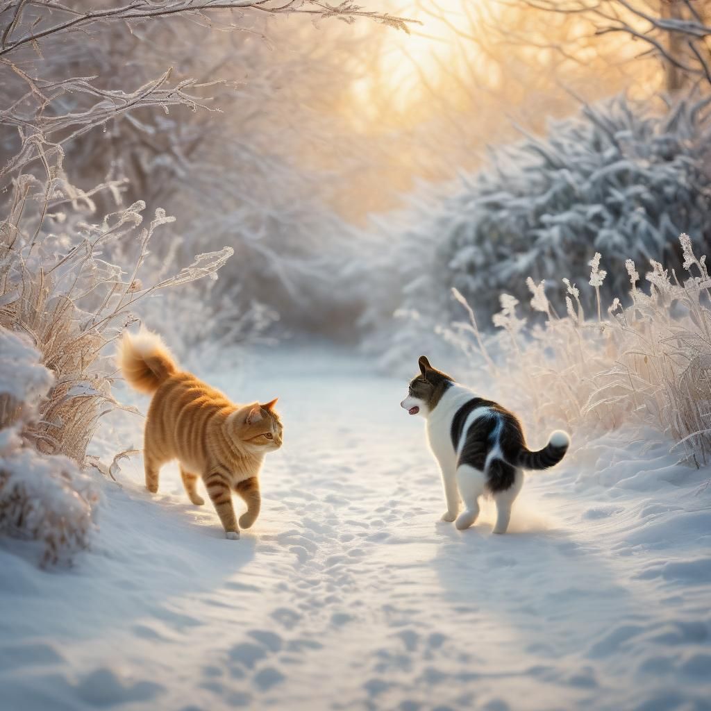 Cat and Dog Play in Whimsical Winter Scene