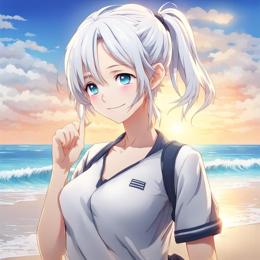 Anime Girl with White Hair on Beach, Manga Style
