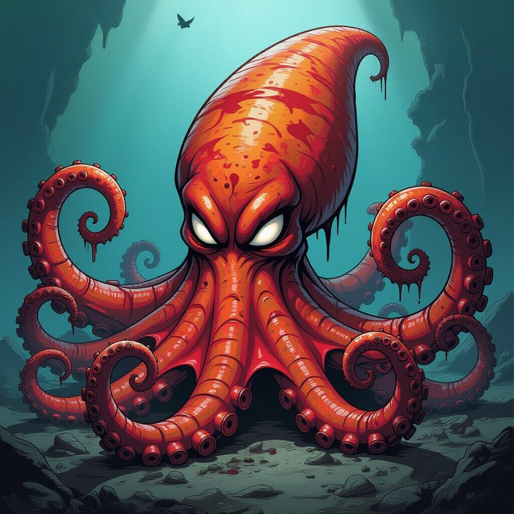 Kaiju Squid Wrapped in Symbiote, Comic Book Style