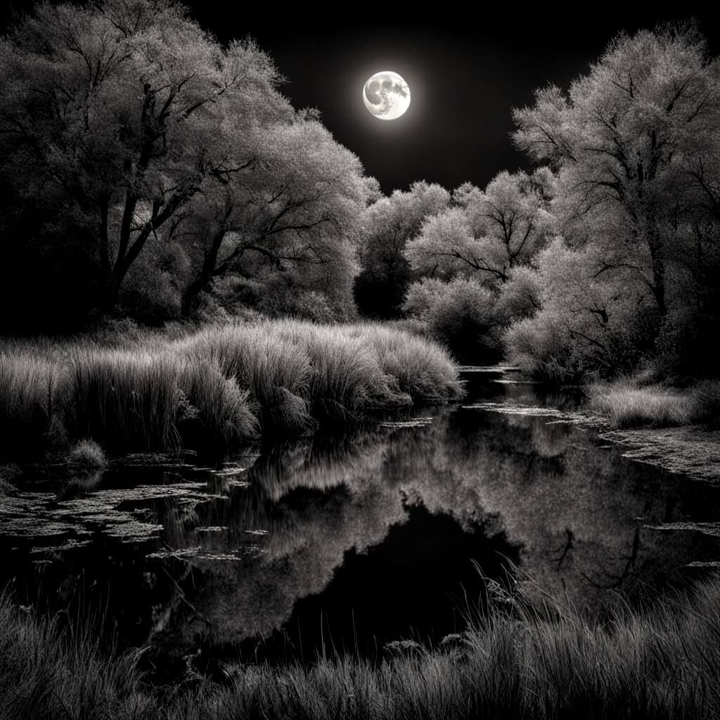 Ansel Adams Style Moon Over Water Black and White Photo