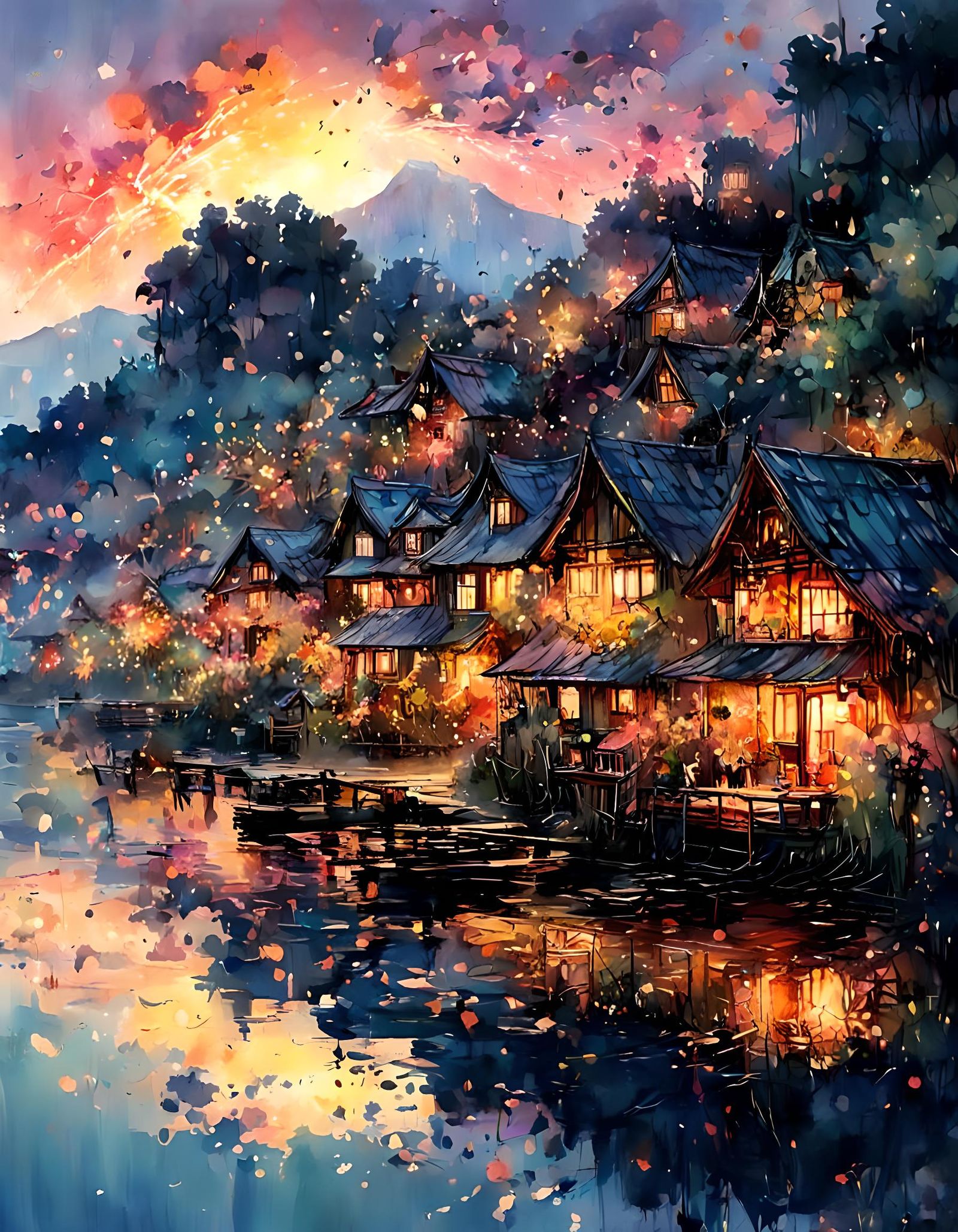 Fireworks Over Lakeside Village: Digital Watercolor Illustra...