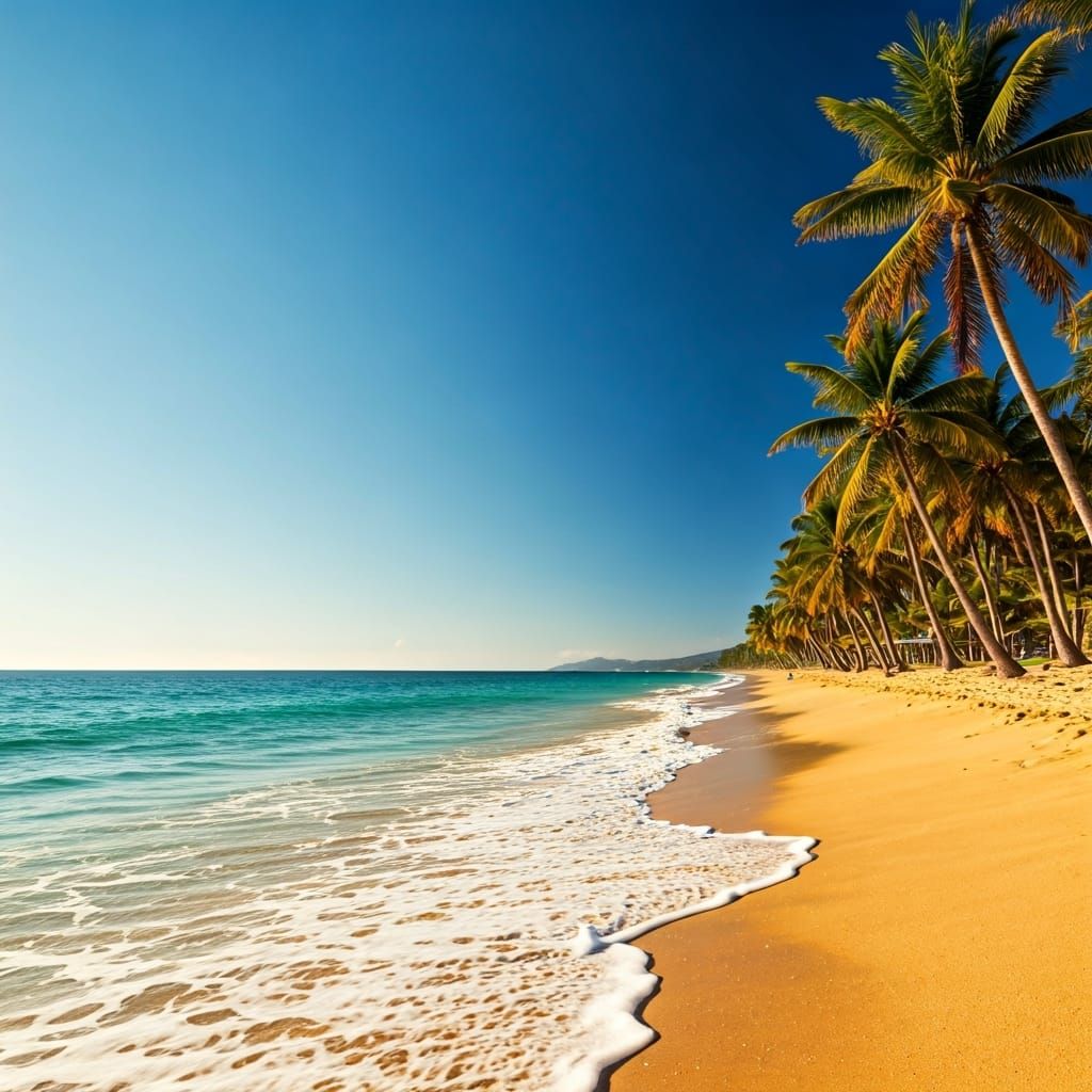 Peaceful Beach Scene with Palm Trees in Golden Light