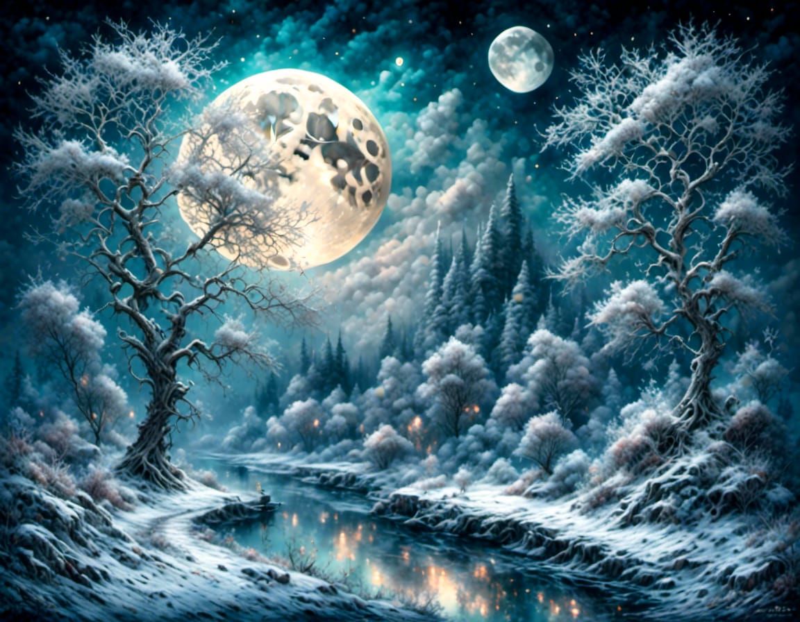 Hyperrealistic Snowy Winter Landscape with Full Moon