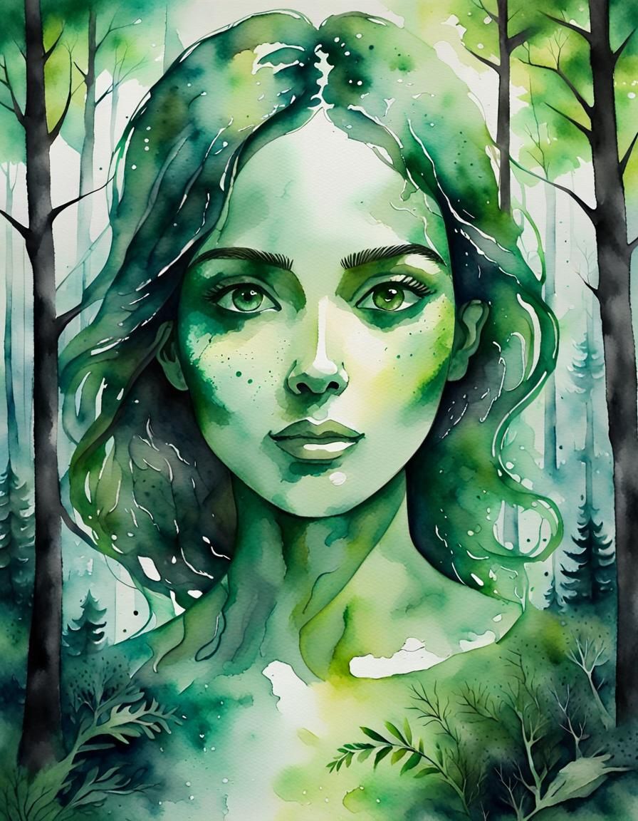 Lush Forest Silhouette in Watercolor Painting