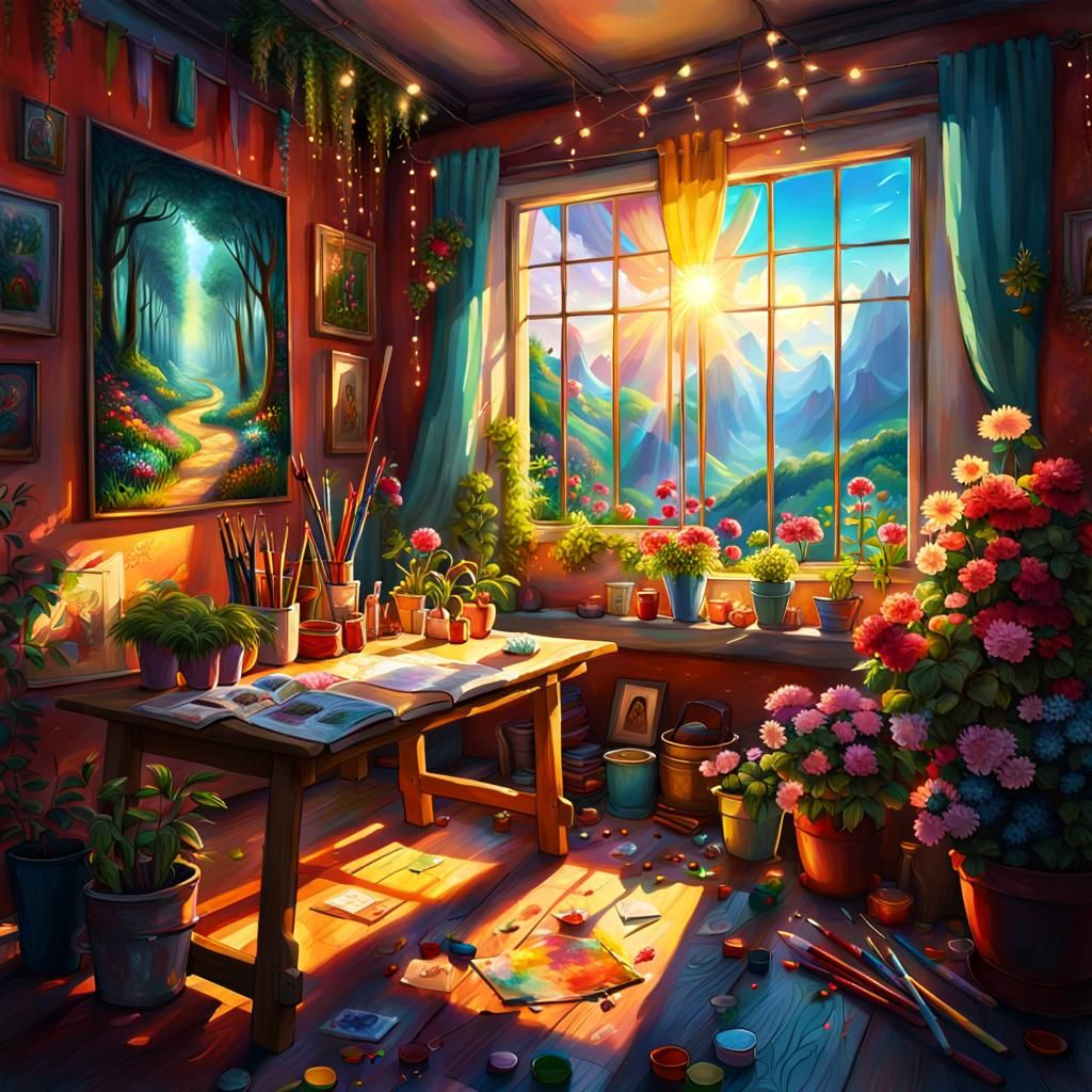 Sunlit Artist's Studio with Blooming Plants