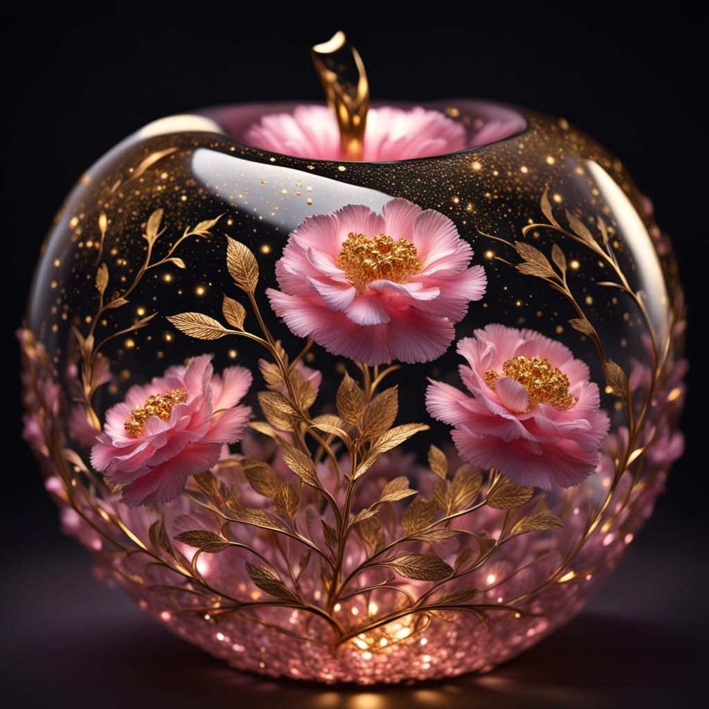 Crystal Apple with Golden Carnations Inside