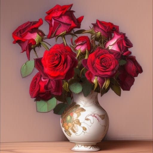 Crimson Roses in Victorian Vase, Art Nouveau