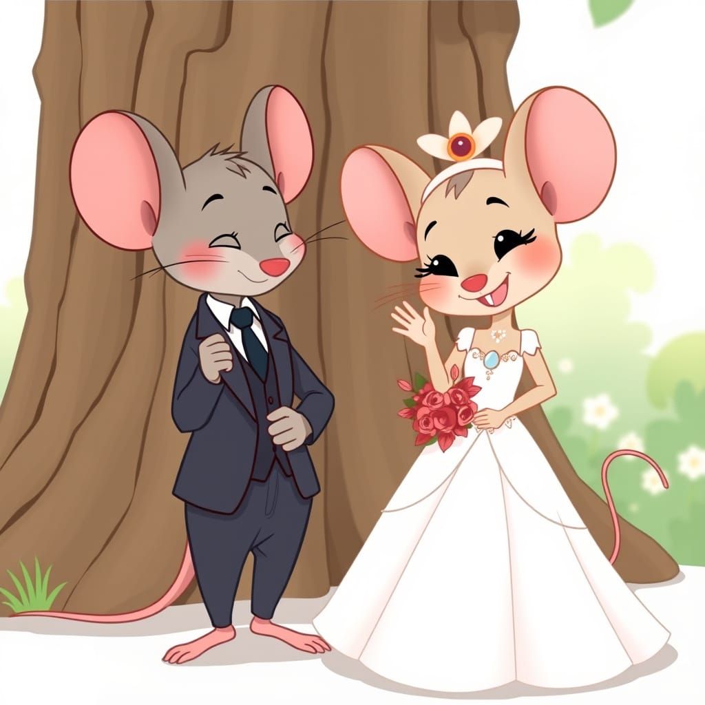 Bashful Mouse and Pretty Mouse-Girl in Whimsical Cartoon Sty...