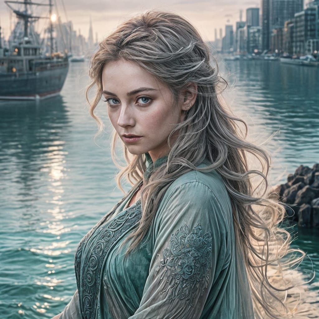 Ethereal Cityscape with Angels in Ink Charcoal Style