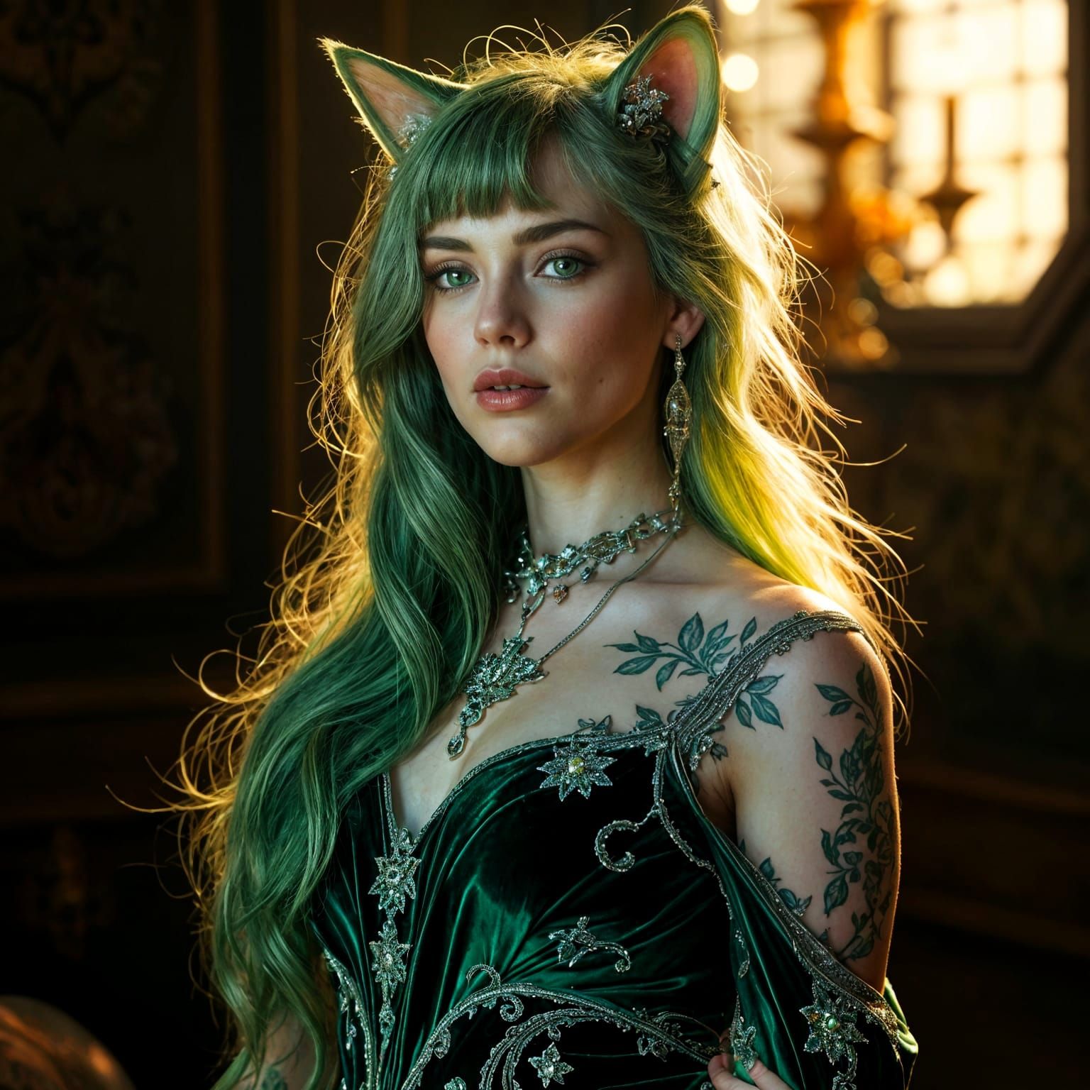 Ethereal Greencat Goddess in Evening Gown with Diamond Ornam...