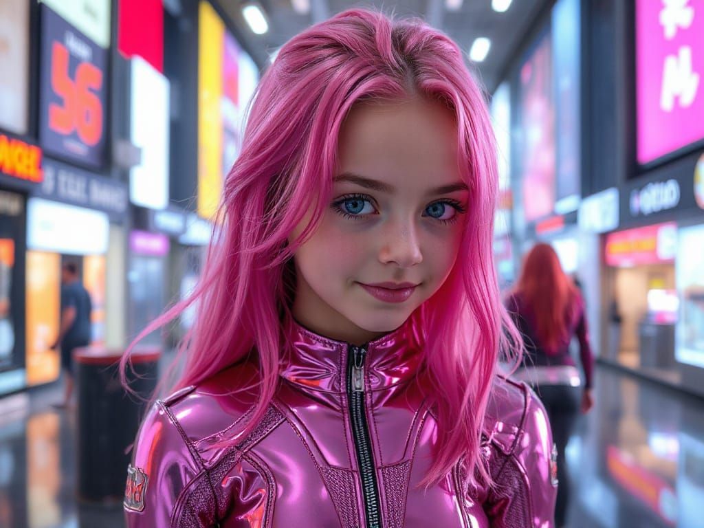 Pink-Haired Girl in Sci-Fi Chrome Suit