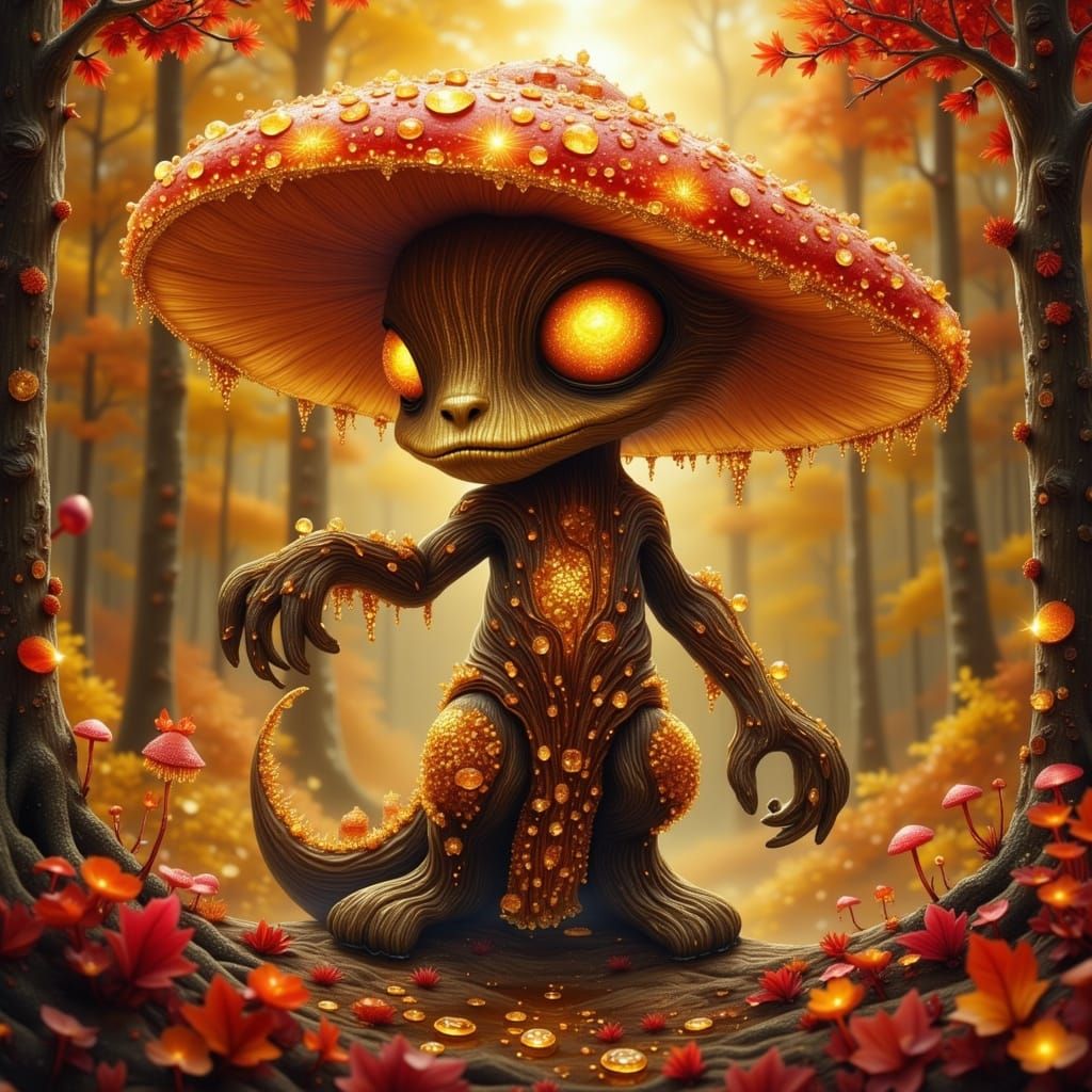 Regal Mushroom Creature in Golden Forest