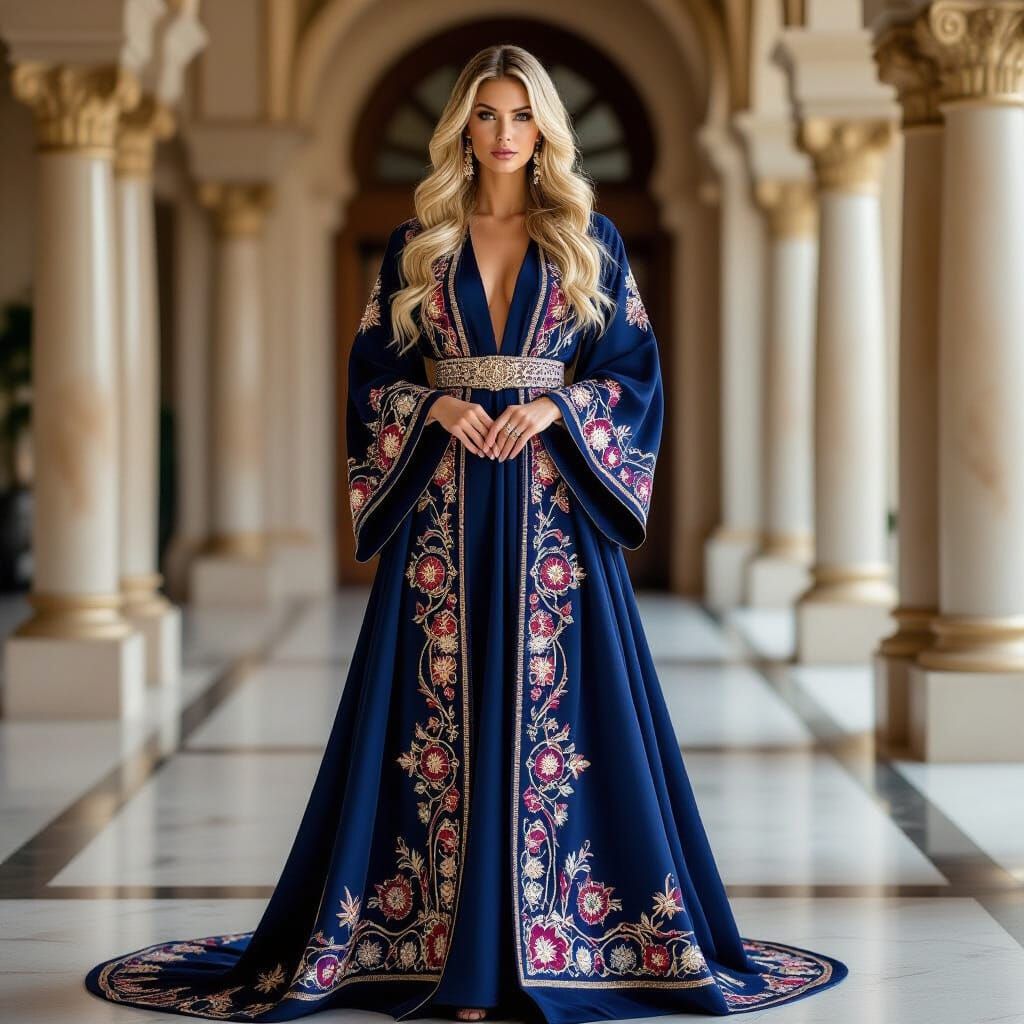 Majestic Blonde in Opulent Abaya: High Fashion Editorial