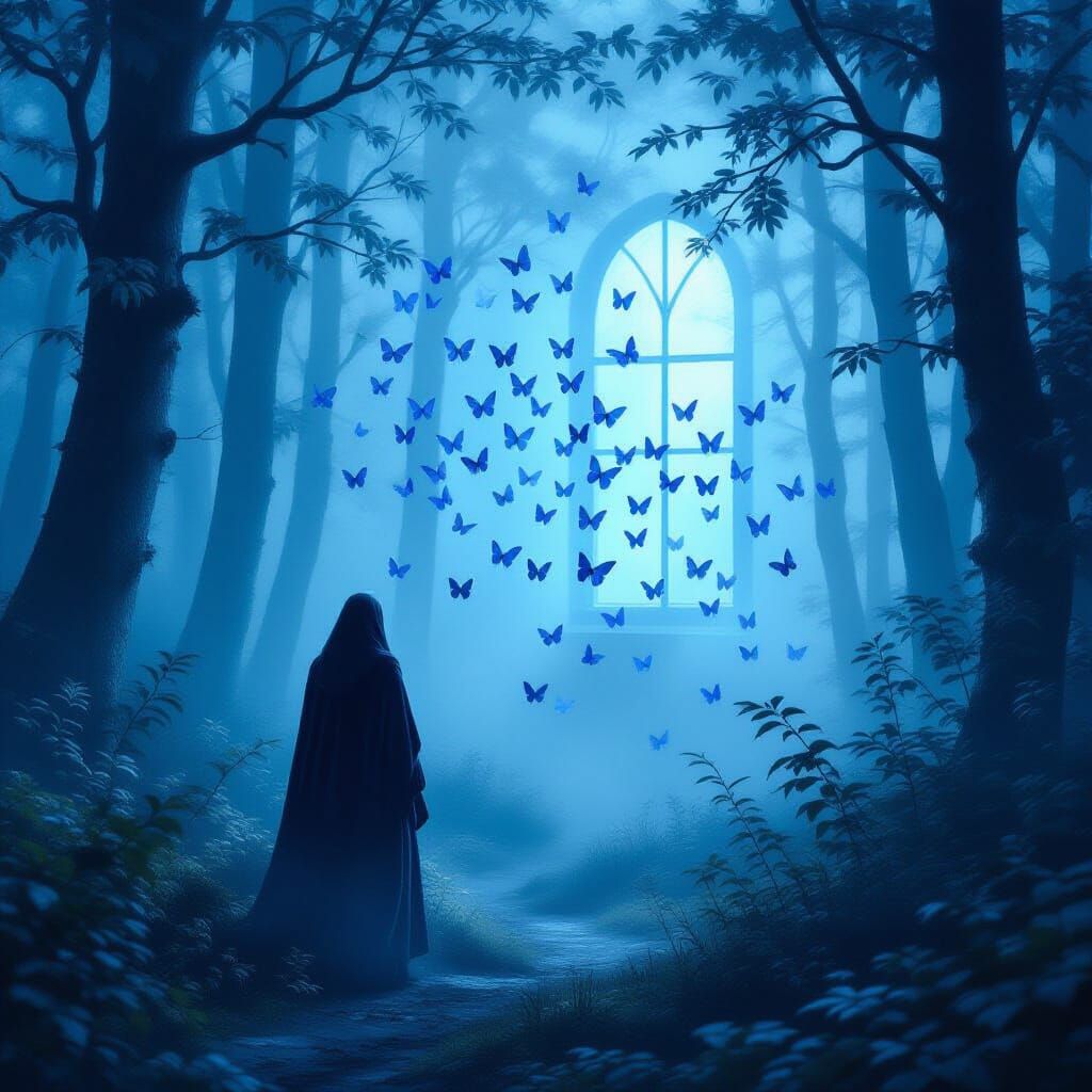 Ethereal Forest: A Solitary Figure and Blue Butterflies