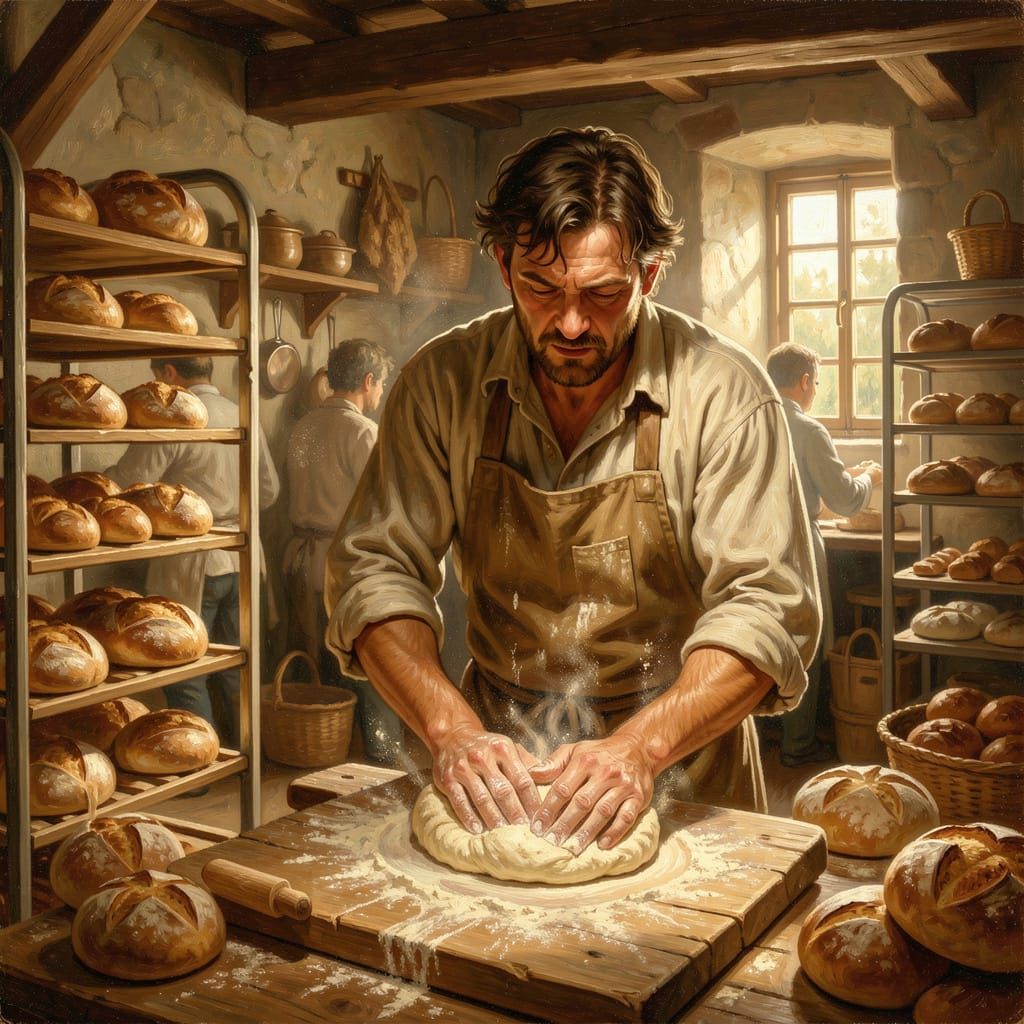 Baker Kneading Dough in Sunlit Medieval Bakery