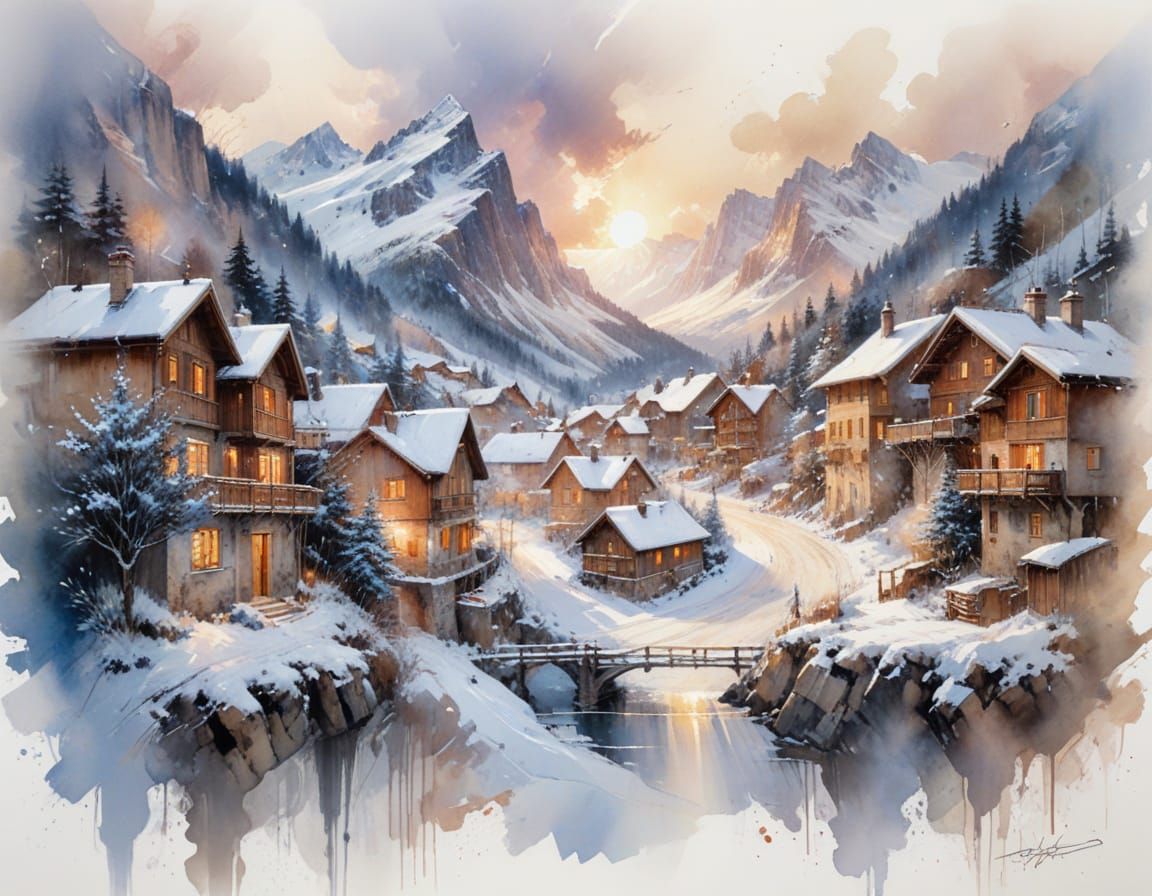 Snowy Alpine Village at Twilight, Painterly Realism
