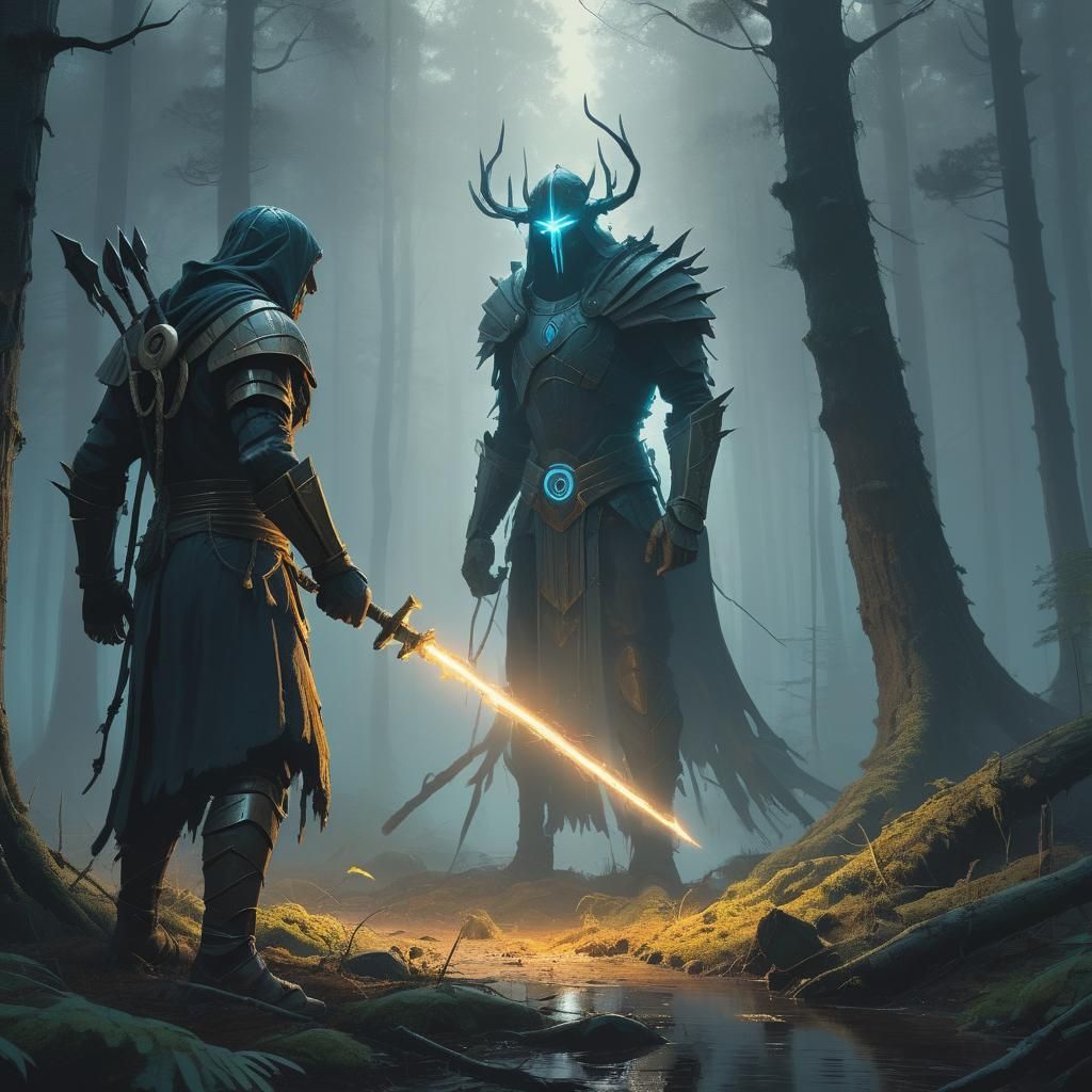 Warrior and Sorcerer Clash in Mystical Forest