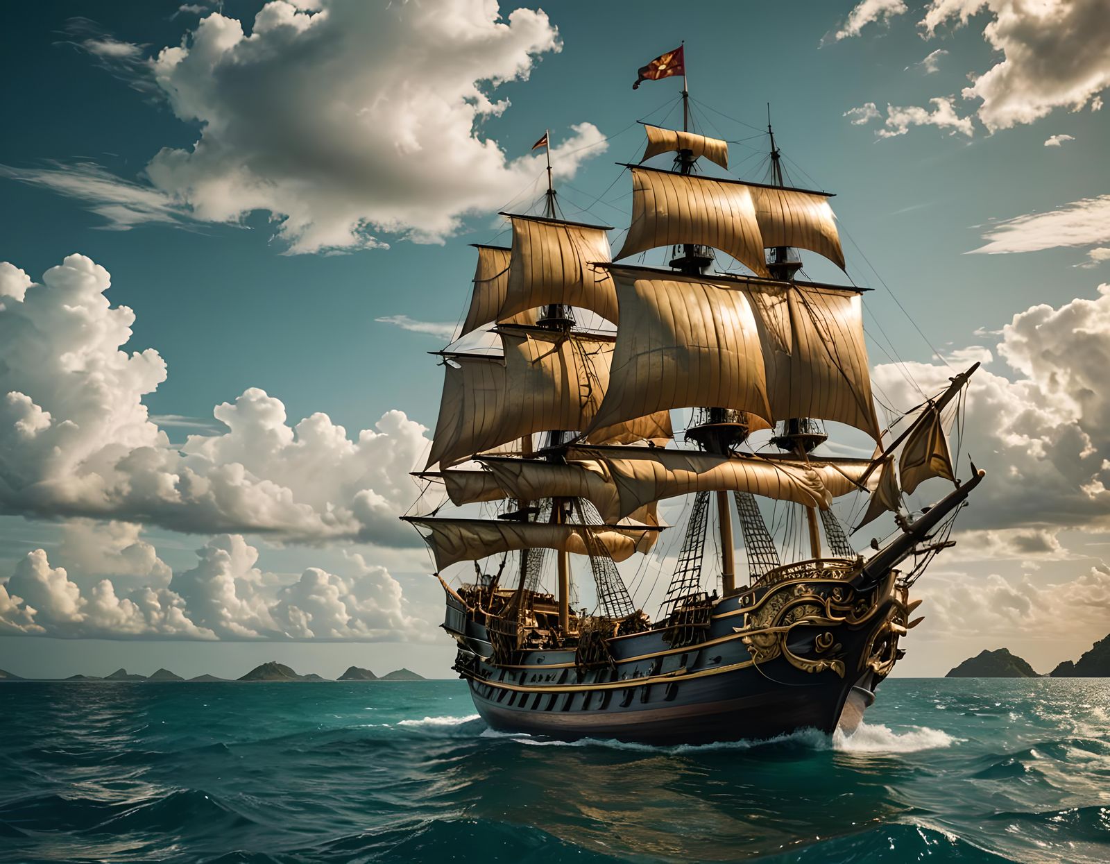 Golden Galleon Sailing a Crystal Sea: Cinematic Still