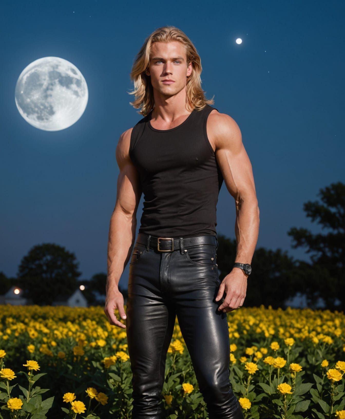 Man with Flowers in Hair Under Full Moon
