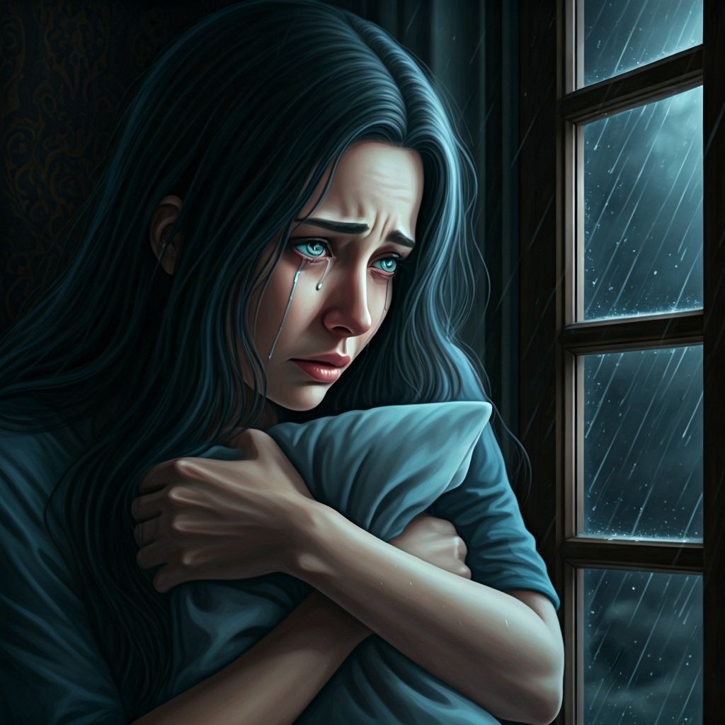 Melancholy Woman in Moonlight Watching Rain, Dramatic Style