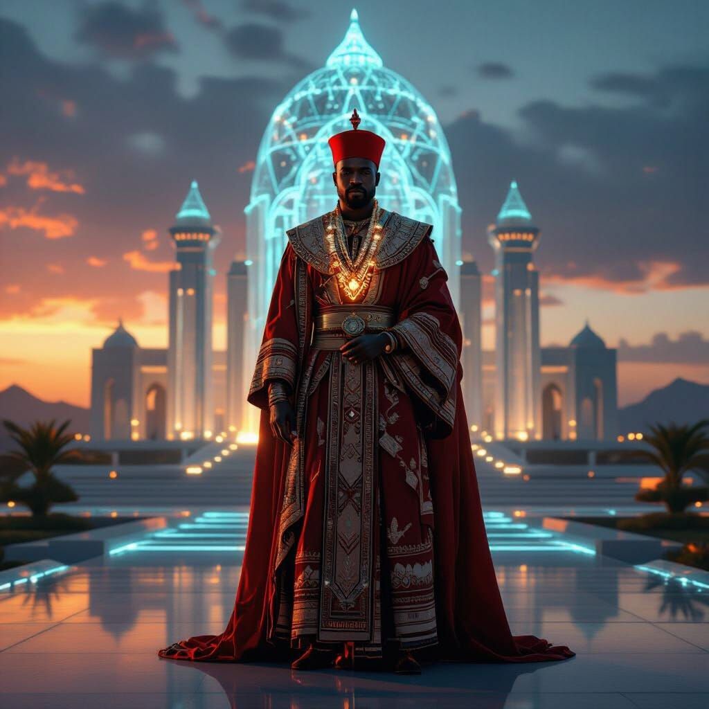 African King in Glowing Attire Before Holographic Palace at ...
